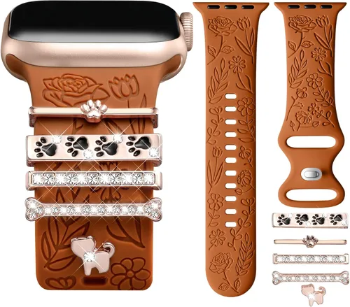 Miniatura 18 de DaQin Banda con Flor Grabada Compatible con Apple Watch, Bandas de 44mm, 42mm, 45mm, 46mm para Mujeres, Correa de Silicona Suave con Decoración