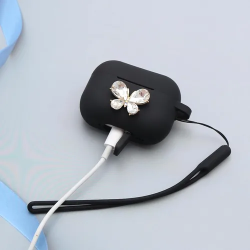 Miniatura 3 de Wonhibo Funda para Airpods Pro 2 para mujer, bonita funda de silicona de mariposa para Airpod Pro de 2ª generación 2022 con llavero (negro)