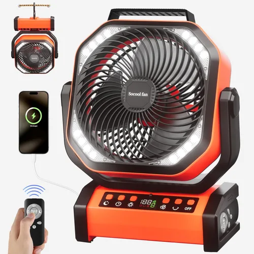 Socool Ventilador de campamento con luz, ventilador de batería recargable de 20000 mAh con control remoto, 112 horas y 8 velocidades, pantalla