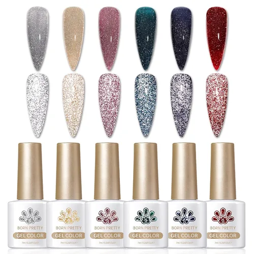 Miniatura 12 de Born Pretty Esmalte de uñas de gel con purpurina reflectante, 6 colores de primavera y verano, esmalte de gel holográfico de larga duración, juego
