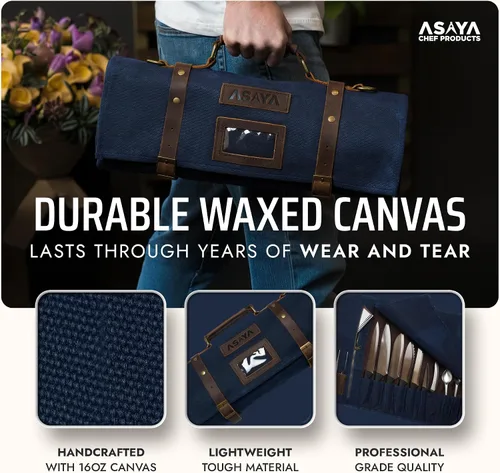 Miniatura 3 de Asaya Rollo de lona encerada para cuchillos – 15 ranuras para cuchillos, tarjetero y bolsillo grande con cremallera – Hebillas de cuero auténtico