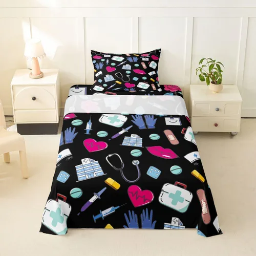 Miniatura 36 de Erosebridal Nurse Sheet Set Stethoscope Twin Sheets Set for Teen Boys,Colorful Medical Healthcare Heartbeat Syringe Fitted Sheet