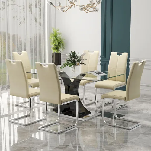 Miniatura 18 de Juego de comedor moderno de vidrio de lujo de 5 piezas, juego de cena rectangular minimalista grande para 4, juego de mesa de cocina de vidrio