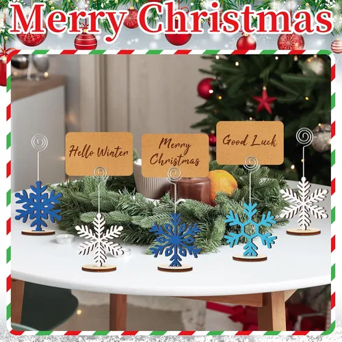 Miniatura 7 de Funnymoom - 20 unidades de soportes de madera para tarjetas navideñas con diseño de copo de nieve azul y blanco, y 20 tarjetas Kraft para nombres