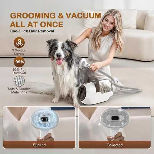 Miniatura 3 de Aspirador para Aseo de Perros, Kit de Aseo para Perros con Cortador de Uñas y Amoladora, 6 Herramientas de Aseo para Mascotas (Caramel)