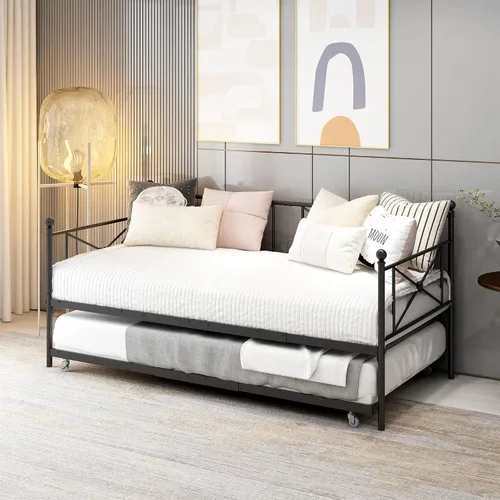 Miniatura 3 de Sofá cama con base de sofá cama nido con cabecero, soporte de listones de acero premium, base de colchón multifuncional, individual, negro
