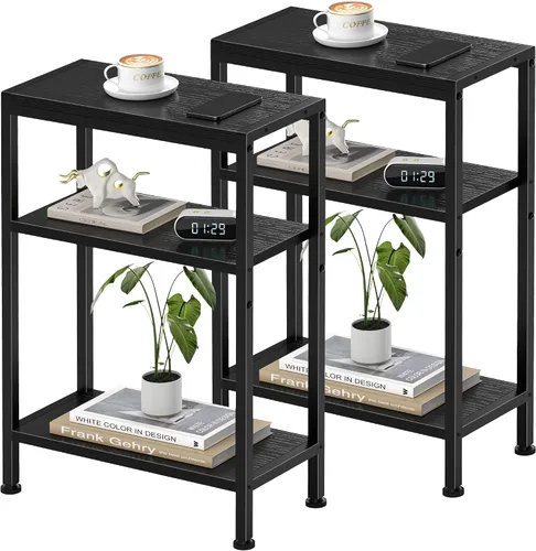 Miniatura 18 de Mesa auxiliar estrecha para espacios pequeños, mesa auxiliar delgada de 2 niveles, mesita de noche delgada, mesa de sofá delgada para aperitivos