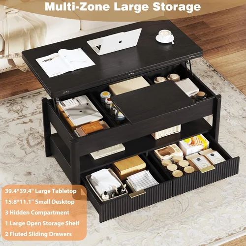 Miniatura 4 de HUAHUU Mesa de centro elevable de 40 pulgadas con almacenamiento, mesa de centro cuadrada 4 en 1 con compartimento oculto y estante abierto y 2