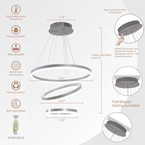Miniatura 5 de Lámpara colgante LED plateada, lámpara de araña moderna regulable de 3 anillos con control remoto para comedor de techo alto