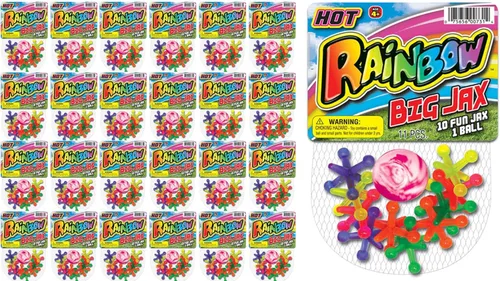 JA-RU Juego de juguetes Jumbo Jax con bola de goma (juego de 24 Jax) Juego de gatos de neón arcoíris para niños y adultos. Juguetes clásicos retro.