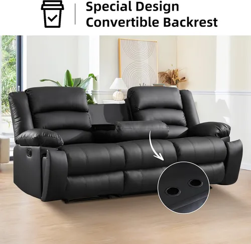 Miniatura 7 de EBELLO Sofá reclinable manual de piel sintética con 2 portavasos ocultos, reposabrazos rellenos, sofá reclinable de 3 asientos, sofá para sala