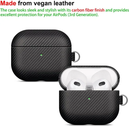 Miniatura 2 de LOPIE Funda compatible con AirPods 3 (lanzado en 2021), funda de cuero vegano estilo fibra de carbono con kit de clip y limpiador, funda protectora