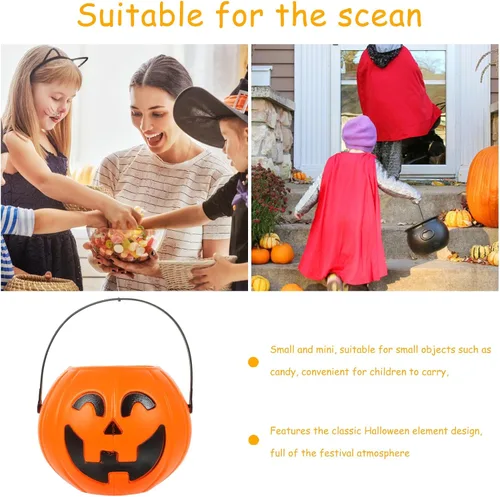 Miniatura 4 de Cubo de calabaza naranja de 6.7 pulgadas de plástico para dulces con asa para niños truco o trato fiesta de Halloween