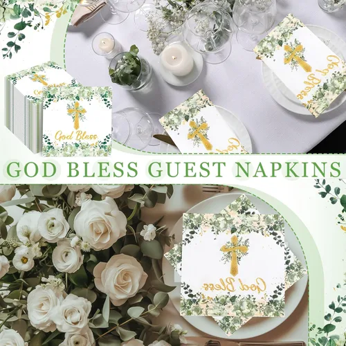Miniatura 3 de Nuanchu 200 servilletas de bautismo religiosas para primera comunión, diseño floral verde, cruz religiosa, decoración de papel religioso