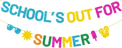 JOZON Cartel colorido y brillante de la escuela para el verano con gafas de sol de paletas de sol, letreros de fin de año escolar, pancarta de