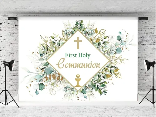 Miniatura 2 de Cortina de fondo decorativa de hojas verdes de la Primera Comunión, planta verde, Dios bendiga el bautismo, fondo de fotografía, accesorios