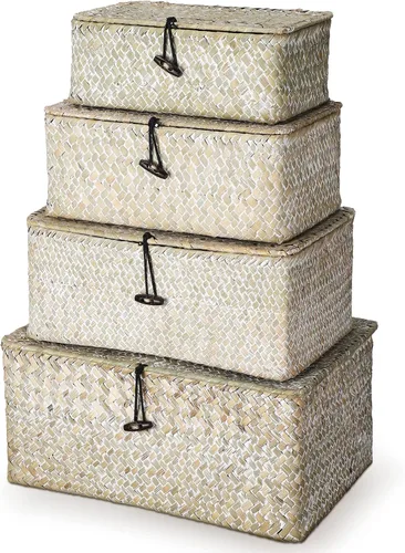 Miniatura 9 de Woanger Juego de 4 cestas de mimbre con tapas, cestas de almacenamiento de hierba marina nátral, cestas rectangulares tejidas, organizador de Café