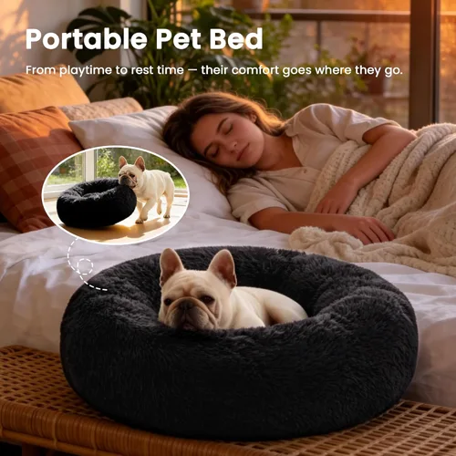 Miniatura 4 de Love's cabin Cama calmante para gatos de interior, cama redonda con forma de dona antiansiedad para perros, cama lavable de piel sintética esponjosa