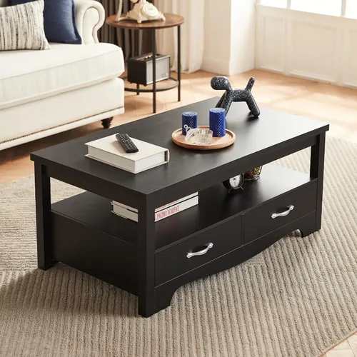 Miniatura 8 de LINSY HOME Mesa de centro de granja con almacenamiento, mesa de centro de madera para sala de estar, área de exhibición abierta y cajones