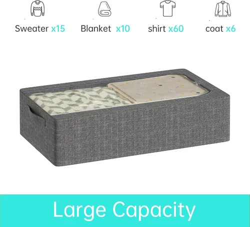 Miniatura 6 de 3 contenedores de almacenamiento debajo de la cama con marco de metal, caja de almacenamiento de tela de lino, contenedores organizadores de ropa