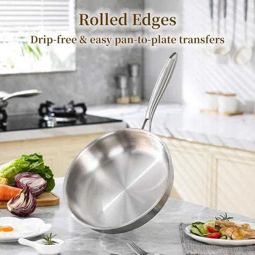Miniatura 4 de DELARLO Sartén de acero inoxidable de tres capas, sartén 18/10, apta para horno hasta 600 °F, utensilios de cocina no tóxicos, compatible con todas