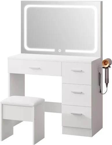 Miniatura 2 de LIVELYGLOW Escritorio de maquillaje con estación de carga y espejo LED, juego de tocador de 35.4 pulgadas con 4 cajones, 3 modos de iluminación