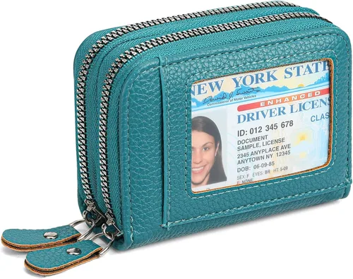 Miniatura 14 de RNIEGA Cartera pequeña de piel con bloqueo RFID para tarjetas de crédito, cartera pequeña para mujer, doble cremallera con ventana de identificación