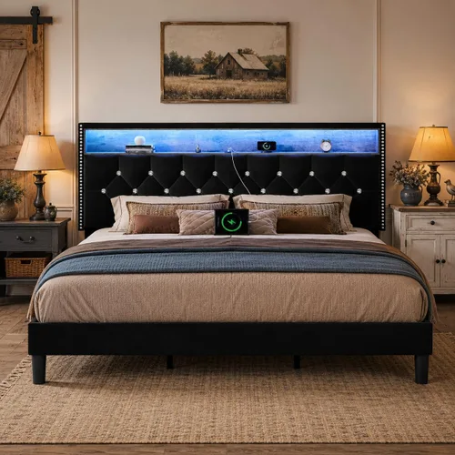 Miniatura 11 de HOMBCK - Base de cama de tamaño matrimonial con estación de carga y cabecera de almacenamiento, marco de cama tapizado de terciopelo con luces LED