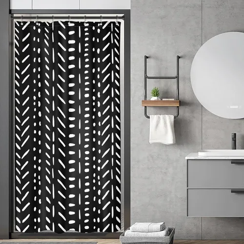 Riyidecor Stall - Cortina de ducha pequeña, color negro, blanco, bohemio, tamaño medio, para dormitorio, 36 x 72 pulgadas, diseño geométrico