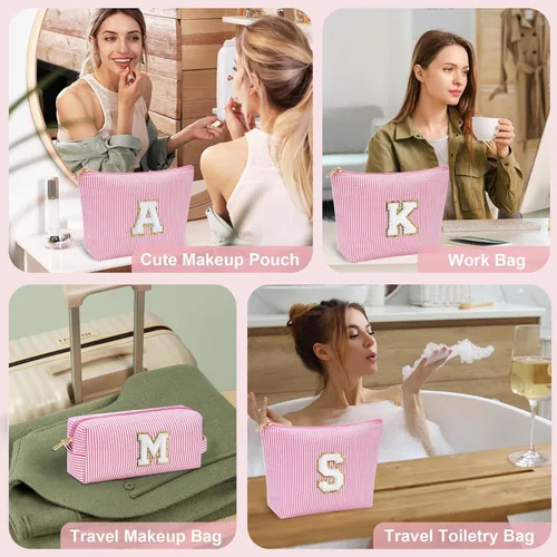 Miniatura 6 de YOOLIFE Regalos del Día de la Madre para mujeres, bolsa de maquillaje con inicial, bolsa de cosméticos, bolsa de maquillaje de viaje, regalos Rosado