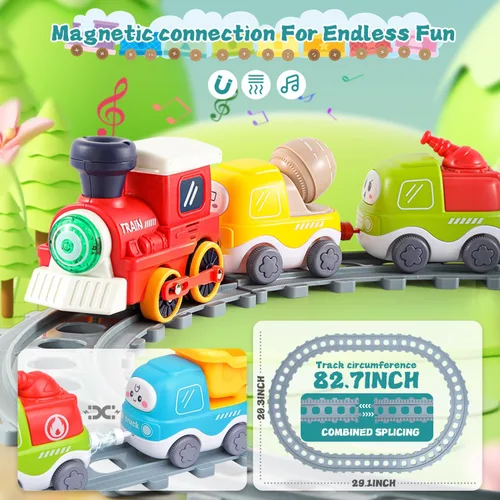 Miniatura 5 de Juego de tren eléctrico para niños pequeños, juguetes de tren con luces, sonido musical realista, espray de vapor, señal de tráfico, conexión