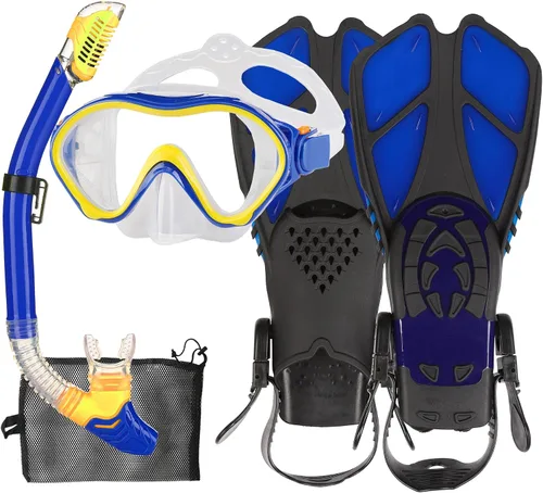 Miniatura 10 de Juego de esnórquel para niños con máscara, aletas, paquetes de esnórquel, con máscara de buceo, esnórquel, aletas ajustables para nadar, bolsa