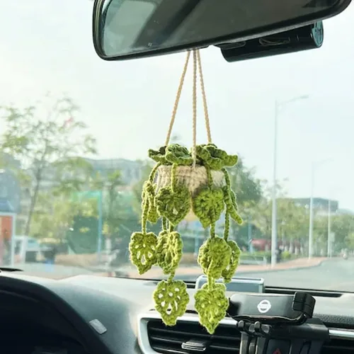 Miniatura 11 de Planta colgante de ganchillo para automóvil, colgador de espejo de automóvil de punto, cesta colgante de ganchillo para plantas de automóvil, lindos