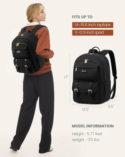 Miniatura 6 de LOVEVOOK Mochila para laptop para mujeres, mochila tote convertible para laptop, mochila ligera de viaje y trabajo para computadora, Negro, 15,6