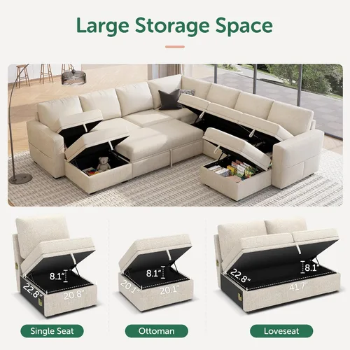 Miniatura 5 de HONBAY Sofá seccional modular con cama extraíble, sofá cama con forma de U extraíble con secciones de almacenamiento para sala de estar - Beige