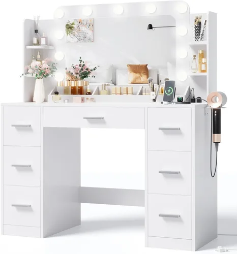 JUMMICO Escritorio de tocador de maquillaje con espejo grande y luces, tocador con regleta de enchufes y soporte para secador de pelo, 6 estantes