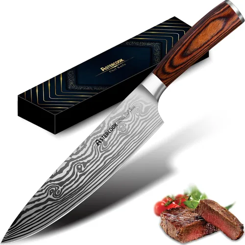 Astercook Cuchillo de chef, cuchillo de cocina profesional de 8 pulgadas, cuchillo ultra afilado de acero inoxidable alemán de alto carbono, 2-Madera