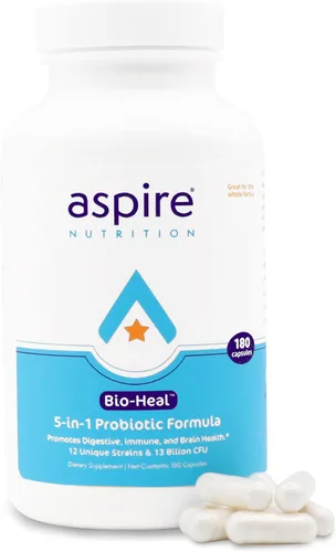 Aspire Nutrition Probiótico Bio-Heal® 5 en 1 para niños, hombres y mujeres - El mejor suplemento para la función cerebral, la salud intestinal y el