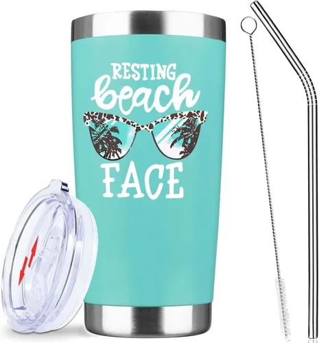 Miniatura 9 de ATHAND Vasos aislados de 20 onzas con tapa y pajilla, cara de playa en reposo, doble pared, acero inoxidable al vacío, para café, vino, taza