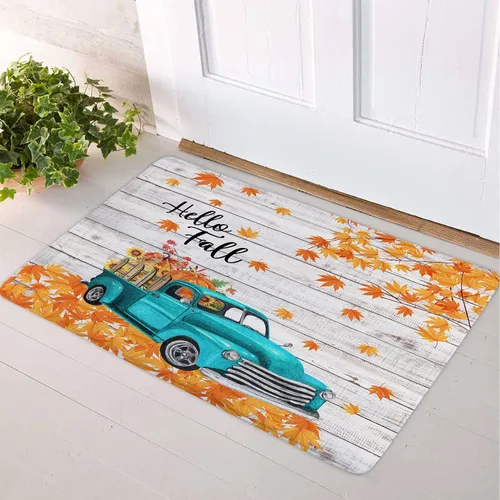 Miniatura 2 de Alfombra de baño con diseño de girasol amarillo otoñal y calabaza naranja sobre camión azul vintage, tapete de baño con texto en inglés "Hello
