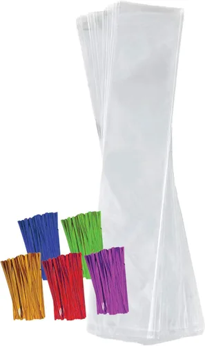 Bolsas de celofán de plástico transparente de Purple Q Crafts con lazos de torsión de 4 pulgadas, coloreados para regalo o uso en fiestas (2 x 10