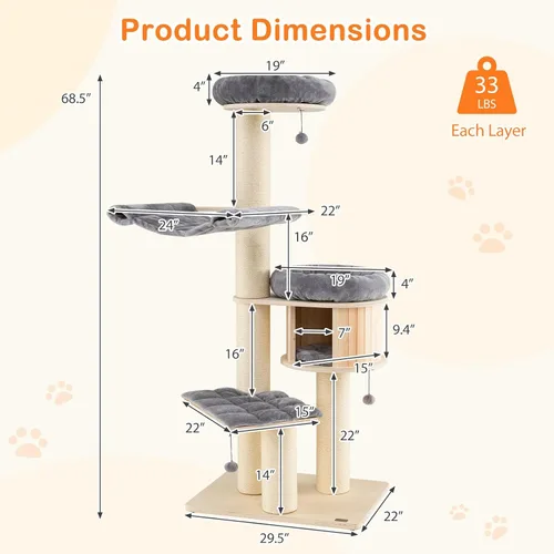 Miniatura 3 de Tangkula Árbol moderno para gatos, torre grande de varios niveles con condominio, hamacas y cesta colgante, árbol alto para gatos con postes