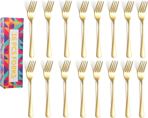 Tenedores dorados para cena, 16 tenedores de cubiertos de acero inoxidable, juego de tenedores de vajilla pulido con espejo, tenedor de metal para