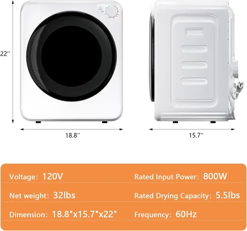 Miniatura 4 de DOGHLY Secadora de ropa eléctrica portátil de 120 V, secadora de ropa compacta de 800 W, fácil control, 1.6 pies cúbicos de carga frontal de acero