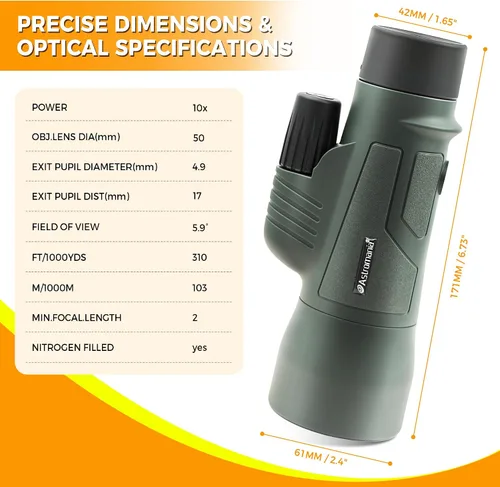 Miniatura 8 de Astromania Monoculares de prisma BAK4 de alta potencia de 10 x 50, impermeable, monoscopio de mano compacto para observación de aves, eventos