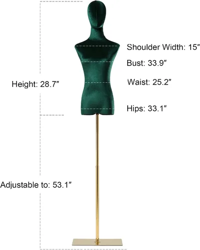 Miniatura 5 de Torso de maniquí de forma de vestido femenino, altura del cuerpo del maniquí de terciopelo ajustable, con brazo de madera maciza y base de metal