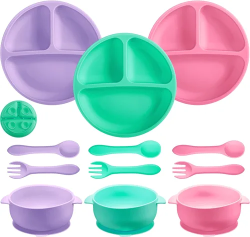 Miniatura 9 de CHENGU 12 piezas Juego de tazones de silicona con ventosa para bebé y niño pequeño con plato de succión, cuchara y tenedor, juego de utensilios