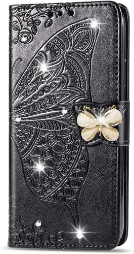 Miniatura 2 de Funda compatible con Samsung Galaxy A13 con purpurina brillante con tarjetero y soporte de cuero con tapa de mariposa de diamante a prueba de Negro