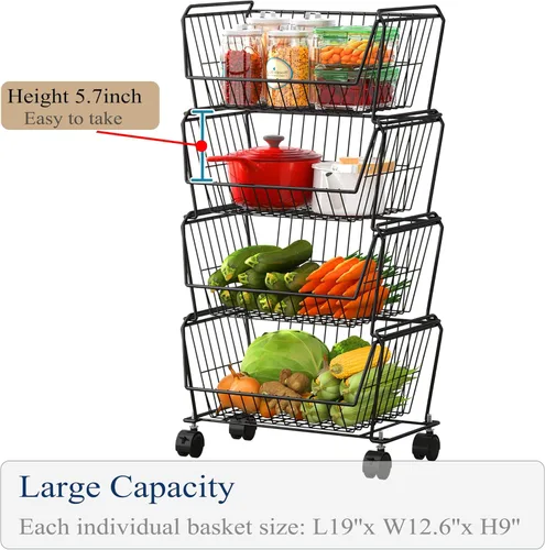 Miniatura 2 de PUSDON Cestas de almacenamiento de metal apilables de 4 niveles, estante antióxido para frutas y verduras, estante de doble uso para cocina, hogar