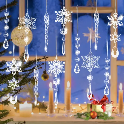 Miniatura 7 de 20 piezas de adornos de Navidad Adornos para árbol de Navidad colgantes Adornos de copo de nieve de acrílico con cristales de carámbano con dijes